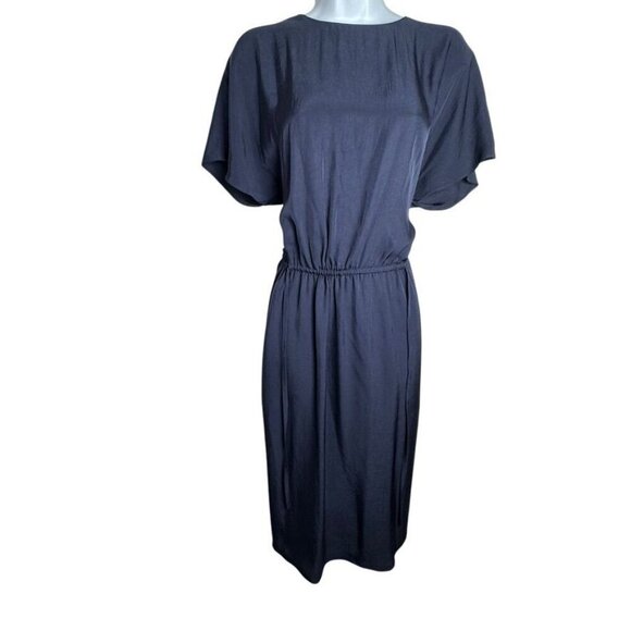 Vince Womens Navy Midi Dress With Drawstring Waist size Medium Short Sleeves - Picture 2 of 6